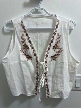 Embroidered Tie-Front White Sleeveless Top